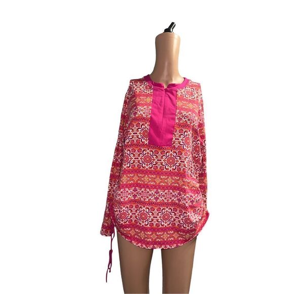 Lands End 1/4 Zip Activewear Shirt Sz LP Pink Orange Boho Print Long Sleeve grea - Picture 2 of 4